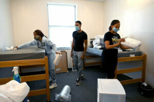 Students check in at George Mason University for the start of the school year during the ongoing coronavirus pandemic