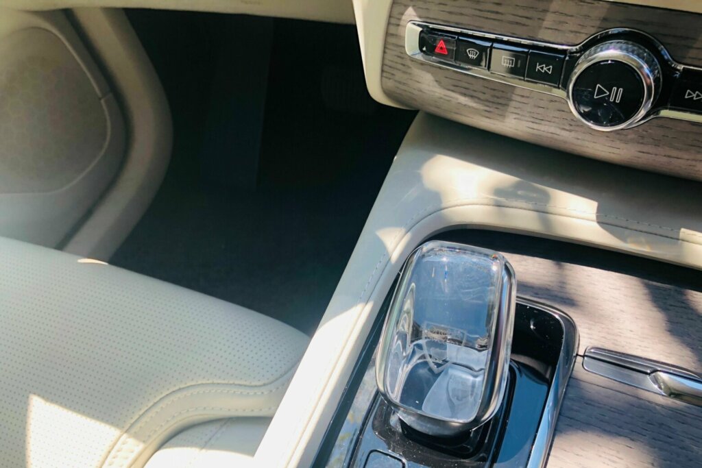There's lots of leather and wood trim; the shifter knob is encased in glass. (WTOP/Mike Parris)