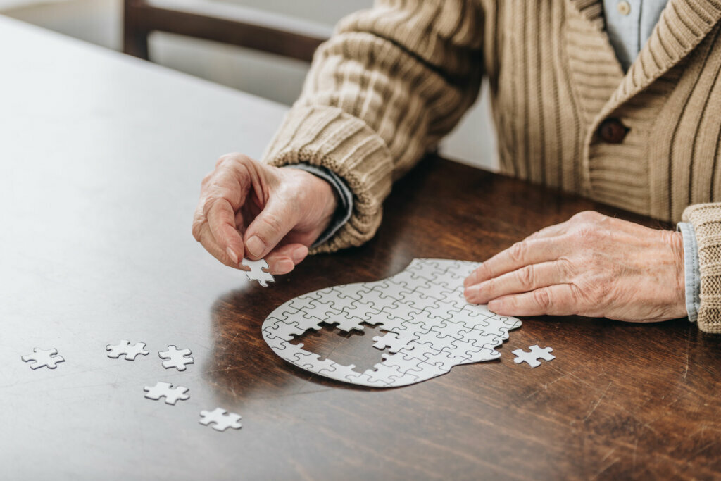 Cropped view of senior man playing with puzzles