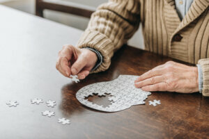Cropped view of senior man playing with puzzles
