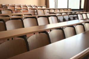 Shot of an empty classroom after the cancellation of schools regarding covid