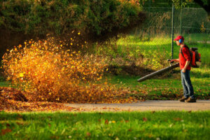 Heavy duty leaf blower in action