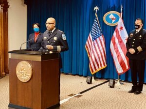 Newly named D.C. Police Chief Robert Contee speaks at a news conference Tuesday.