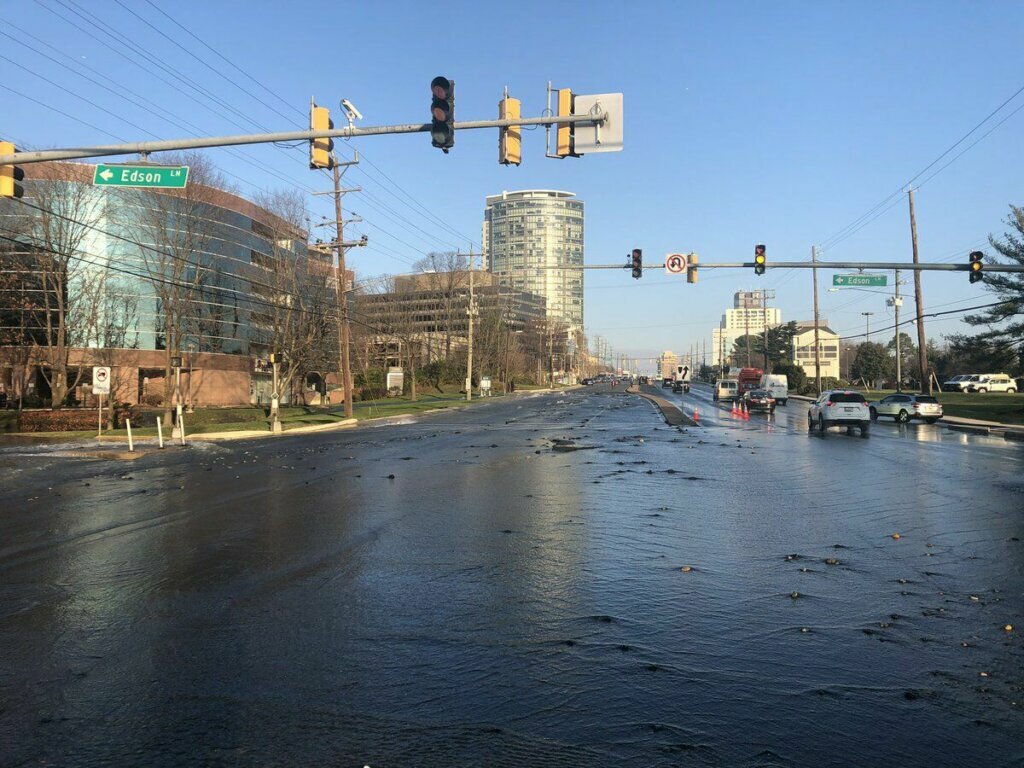 A water main broke Friday morning in Montgomery County, Maryland, flooding part of Rockville Pike.
