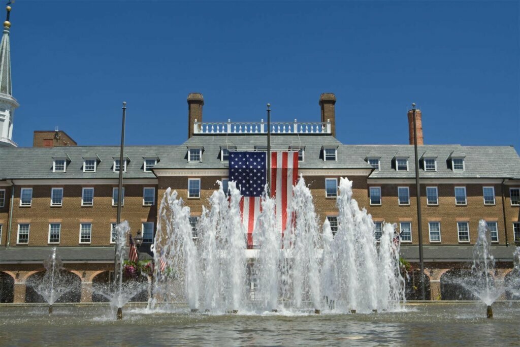 Colonial Revival City Hall Alexandria Virginia American Flag Fountain