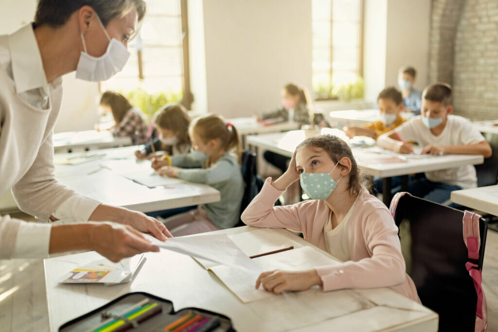Students wearing masks in class.
