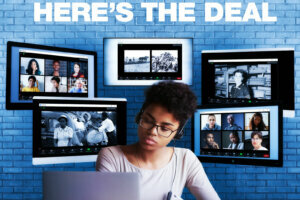 Focused mixed race woman wearing headphones watching webinar write notes