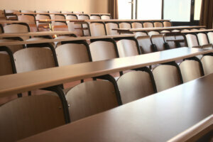 Shot of an empty classroom after the cancellation of schools regarding covid