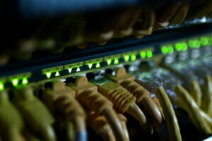 Connections of Internet cables with servers. Server date centers