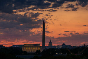 Panoramic View from distant of Washington DC Skyline before thunderstorm in summer at sunrise, Washington DC