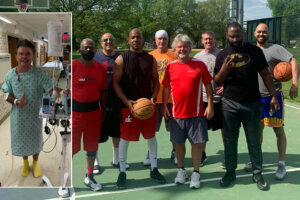 Composite: Montgomery County State's Attorney John McCarthy shortly after having his lung removed (left); McCarthy on a basketball court these days (right).
