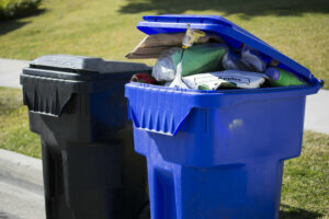 A garbage and a recycling bin sit side by side.