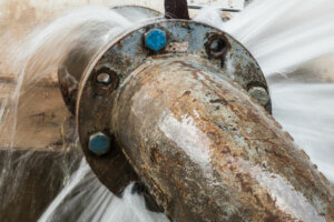 Metal pipe with valve is leaking in water treatment plant
