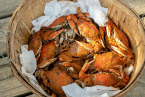 Basket full of steamed crabs