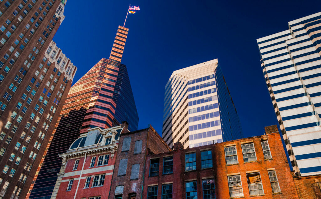 Mix of modern and old buildings in Baltimore, MD