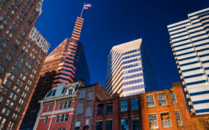 Mix of modern and old buildings in Baltimore, MD