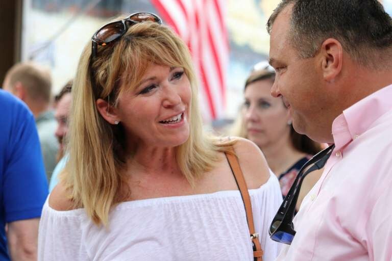 Commerce Secretary Kelly Schulz, a Republican candidate for governor, talks with Sen. J.B. Jennings (R Baltimore and Harford counties) at an Ocean City reception hosted by Jennings. Photo by Danielle E. Gaines.