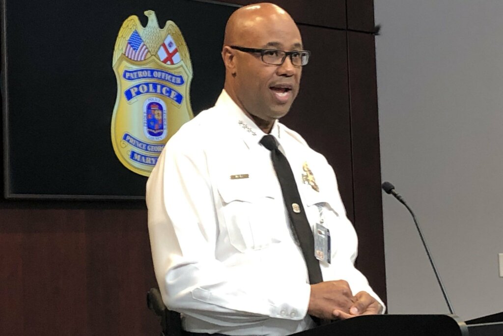 Prince George’s Police Chief Malik Aziz addresses the media Wednesday.