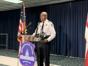 DC Police Chief Robert Contee speaks to the press Monday.