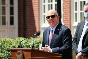 Gov. Lawrence J. Hogan Jr. (R) outside an April meeting he convened in Annapolis of other governors and members of Congress to discuss bipartisan federal infrastructure proposals. Photo by Danielle E. Gaines.