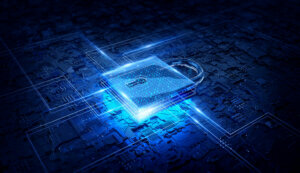 Digital security concept. Digital padlock security data with connections on dark blue technology background.