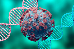 Coronavirus and DNA, virus mutation. New variant and strain of SARS CoV 2. Microscopic view.