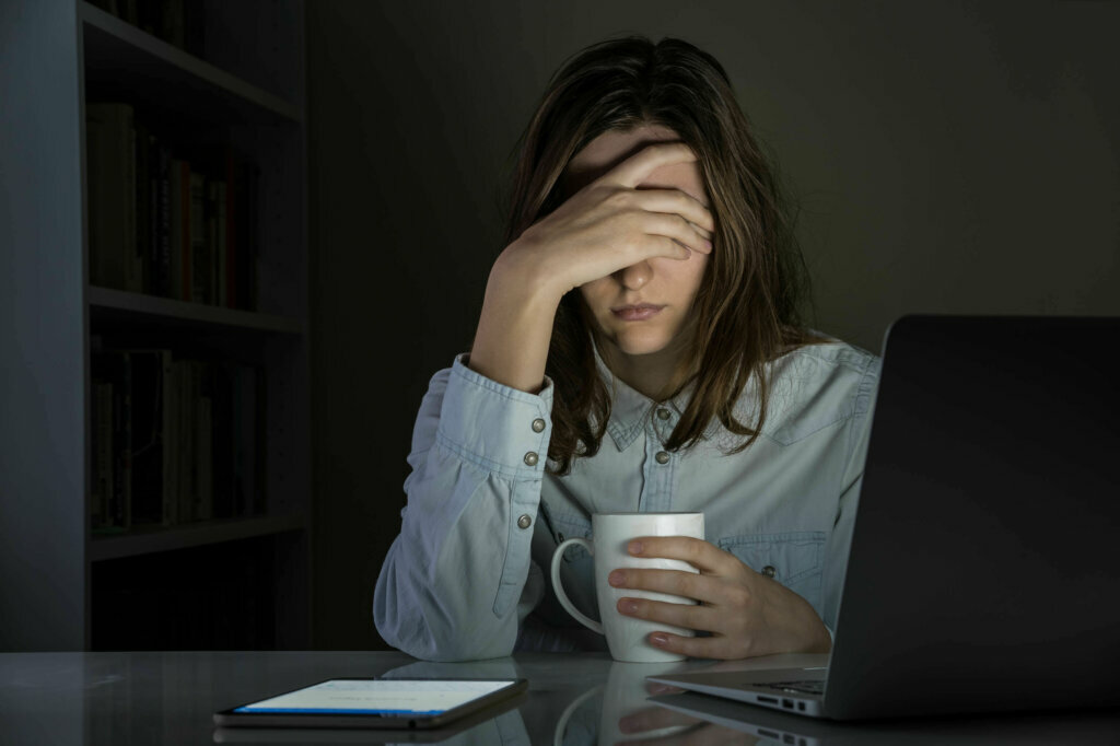 Tired,And,Disappointed,Female,Person,At,Home,Office,Workplace,Late