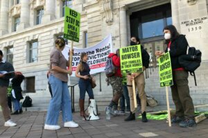 A group of protesters outside the John Wilson building.