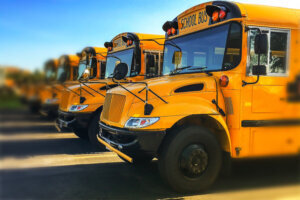 Row of yellow school buses parked with blue sky in background