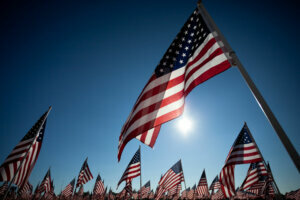 American Flag display commemorating national holiday memorial or veterans day