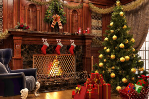 Christmas near a beautiful fireplace and a lot of gifts