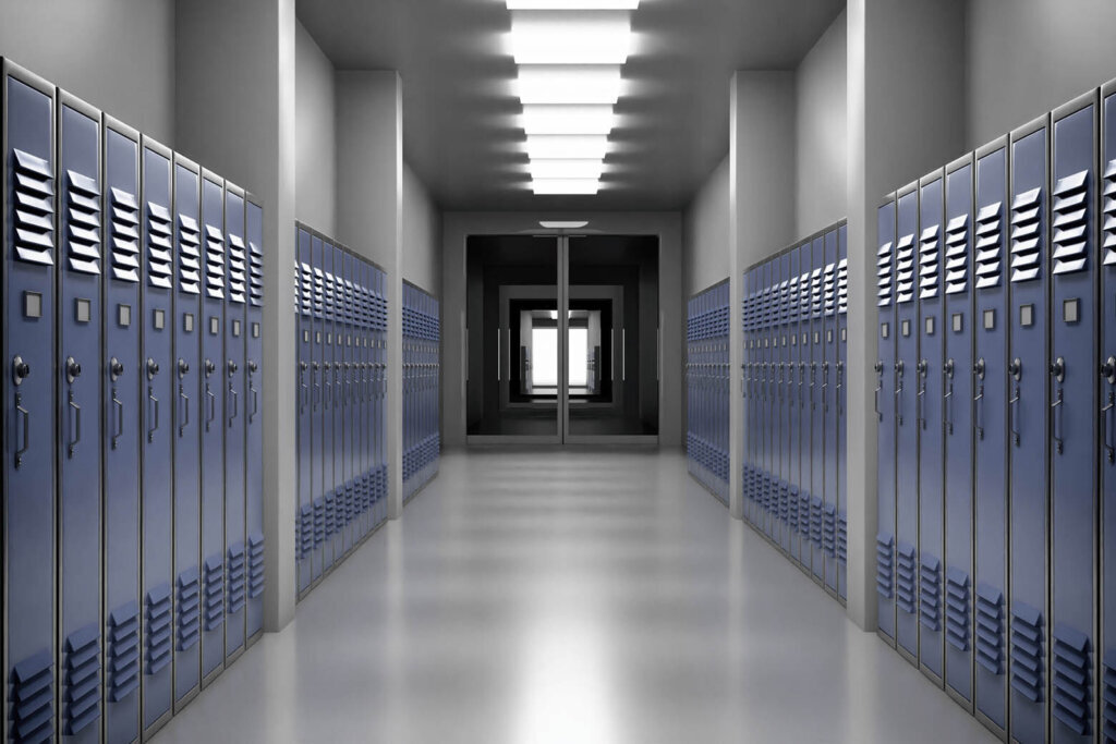 High school lobby with blue color lockers, perspective view. Fitness Gym, sports club hallway. 3d illustration