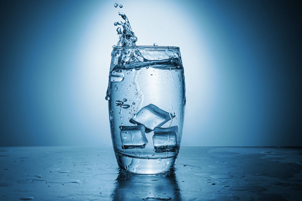 A glass of water, lemon, and ice