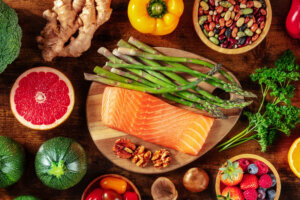 Healthy diet. Salmon, asparagus, and other superfoods