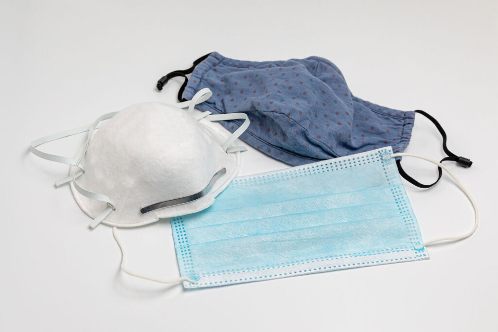 N95, surgical and cloth face masks. Covid 19 face mask choices, comparison and protection concept