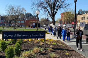Howard University Hospital workers walk out Monday morning for a strike.