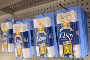 Q tips, a brand of Unilever, is seen on display in a store in Manhattan, New York City
