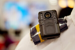 Close up of a Body cam, audio/video recording equipment on Police officer