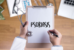 Injections and Syringe. Psoriasis Diagnosis, Medical Concept. Composition of Medicaments
