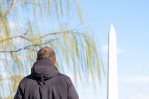 Closeup of young male, man back looking at view on Washington Monument with willow tree branches, green leaves, foliage in spring, blue sky