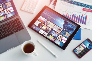 Interface of video distribution service. Subscription service. Streaming video. communication network.