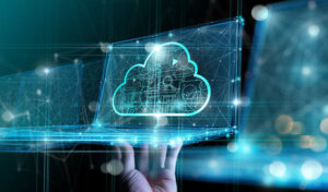Hand showing laptop computer with cloud network Computer connects to internet server service for cloud data transfer.Cloud computing technology and online data storage for business network concept.