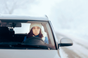 Woman Driving During Bad Snowy Weather in Christmas Time