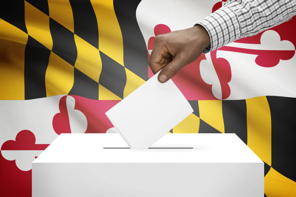 Ballot box with US state flag on background Maryland