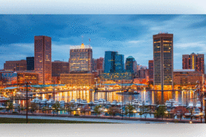 View on Baltimore skyline and Inner Harbor from Federal Hill at dusk