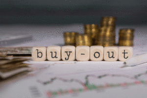 Word BUY OUT composed of wooden letters.