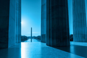 Washington Monument from Lincoln Memorial at Sunrise in Washington DC, Toned image