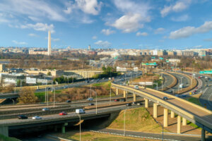 Washington, D.C., city skyline with Lincoln Memorial, Washington Monument and Thomas Jefferson Memorial