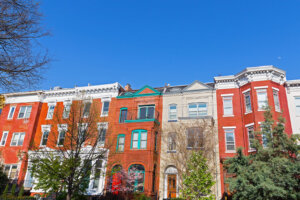 Colorful townhouses before sunset in spring, Washington DC, USA.