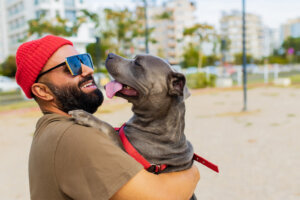 Portrait of happy man in red hat and sunglasses with american terrier in dogs walking area park in sity